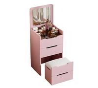 Juego de tocador rosa 3 en 1 con espejo abatible, banco de maquillaje y 3 cajones de almacenamiento, elegante tocador de madera para ahorrar espacio en el dormitorio y áreas de maquillaje (60 cm)