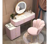 Juego de tocador rosa con parte superior de pizarra, 6 cajones y armario lateral, silla en forma de flor y espejo de maquillaje elegante, escritorio de madera maciza para niñas (39.4 pulgadas)