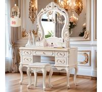 Juego de tocador vintage francés con espejo y silla, escritorio de tocador de 5 cajones y cubo de almacenamiento de brochas de maquillaje, elegante estación de maquillaje de 110 cm para dormitorio y
