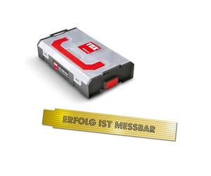 Juego de tornillos hexagonales TOX L-BOXX Mini M5 DIN 933 (300 piezas) + metro de 2 m en amarillo con impresión, tornillos de máquina M5 en 6 tamaños en caja clasificadora adaptable, 094909165