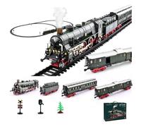 Juego de tren de locomotora de vapor eléctrico vintage de aleación con carro y pista larga, modelo de tren ferroviario con efectos de sonido y luces, decoración de exhibición coleccionable y regalo