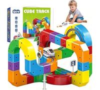 Juego de tren eléctrico Clickrail de 81 piezas, juguete de tren de fusión de pista, juego de tren de cubo de carril mágico, diseños integrados 3D que desafían la gravedad y coche motorizado, juguetes