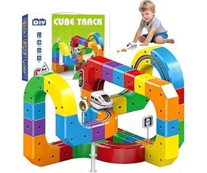 Juego de tren eléctrico Clickrail de 81 piezas, juguete de tren de fusión de pista, juego de tren de cubo de carril mágico, diseños integrados 3D que desafían la gravedad y coche motorizado, juguetes