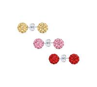 Juego de Tres Elegantes Aretes de Botón de Plata Esterlina .925 Redondos de 8MM con Brillantes Cristales Pavé de Bola de Disco en Rojo Amarillo Rosa para Mujeres Adolescentes