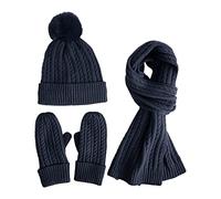 Juego de tres guantes de punto para mujer, gorro de invierno y bufanda de color liso y lana de terciopelo, conjunto de tres guantes para mujer, Negro, Talla única