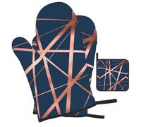 Juego de Tres Manoplas Resistentes al Calor para Hornear, Antideslizantes, para Cocina, Color Azul Marino y Cobre.