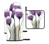 Juego de Tres Manoplas Resistentes al Calor para Hornear, Antideslizantes, para Cocina, con Flores de Esperanza en Color Lavanda y Morado.