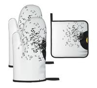 Juego de Tres Manoplas Resistentes al Calor para Hornear, Guantes Antideslizantes para cocinar y Guantes para Horno de Cocina. Disco de Vinilo Roto y Notas Musicales Volando en el Aire.