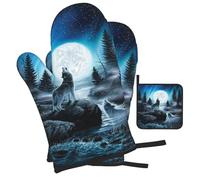 Juego de Tres Manoplas Resistentes al Calor para Hornear, Guantes Antideslizantes para cocinar y Manoplas para Horno de Cocina, Resentimiento del Lobo.