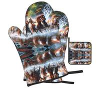 Juego de Tres Manoplas Resistentes al Calor para Hornear, Guantes de Cocina Antideslizantes, Manoplas para Horno de Cocina, Caballos de Indios nativos Americanos