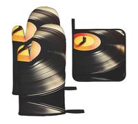 Juego de Tres Manoplas Resistentes al Calor para Hornear, Guantes de Cocina Antideslizantes, Manoplas para Horno de Cocina, impresión de Discos de Vinilo