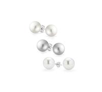 Juego de tres pendientes de bola de perlas simuladas clásicas simples elegantes en blanco y gris claro para mujeres adolescentes de plata esterlina .925 de 10MM