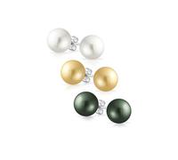 Juego de tres pendientes de bola de perlas simuladas de pavo real clásicas, simples y elegantes en color dorado claro, amarillo, blanco nupcial y negro para mujeres y adolescentes de plata esterlina