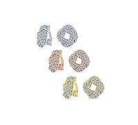 Juego de tres pendientes de clip de nudo de amor tejido con cristal claro blanco para mujeres sin perforar las orejas, de latón chapado en oro rosa y plata.