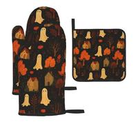 Juego de Tres Piezas para Hornear con un Lindo Fantasma, árboles otoñales y un Pueblo: Guantes para Horno y Almohadilla Resistente al Calor para Tapa de Olla.