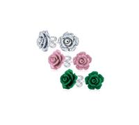 Juego de Tres Románticos Delicados Aretes de Flores en Relieve 3D Verde Oscuro Violeta Malva Plata Rosa para Mujeres Adolescentes para Madre Chapados en Plata