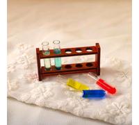 Juego de tubos de ensayo en miniatura: tubos de vidrio coloridos y estante de madera para decoración de laboratorio de casa de muñecas