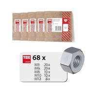 Juego de tuercas hexagonales TOX (96 piezas) para aficionados al bricolaje y artesanos, tuercas en M5, M6, M8, M10 y M12 en embalaje de papel ecológico, galvanizadas, DIN 934, 09990917