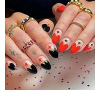 Juego de uñas cortas a presión con estampado de corazón para el día de San Valentín, diseño de almendras, uñas adhesivas para un aspecto elegante