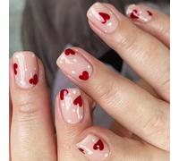 Juego de uñas cortas cuadradas a presión con estampado de corazón para el día de San Valentín, uñas de manicura para un aspecto elegante, 24 unidades