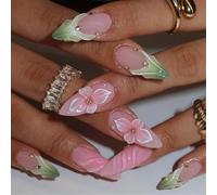 Juego de uñas elegantes con diseños florales franceses, uñas postizas acrílicas a presión para mujer, 24 piezas para el día de San Valentín