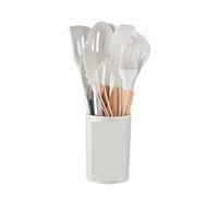 Juego de utensilios cocina antiadherentes, espátula, pala, batidores huevos, mango madera, 12 Uds para Cocinar(White)