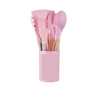 Juego de utensilios cocina antiadherentes, espátula, pala, batidores huevos, mango madera, 12 Uds para Cocinar(Pink)