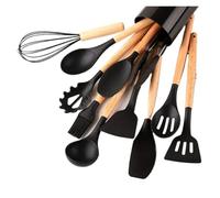 Juego de utensilios cocina con mango madera y silicona: espátula cuchara(12pcs black)