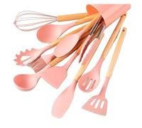 Juego de utensilios cocina con mango madera y silicona: espátula cuchara(12pcs pink)