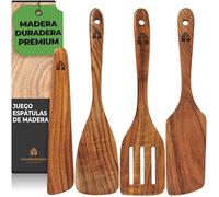 Juego de Utensilios de Cocina - 100% Madera de Teca - Set de 4 Espátulas de Madera: 1 Paleta de Cocina, 1 Espátula Giratoria, 1 Pala Ranurada y 1 Raspador de Madera. Para Sartenes Antiadherentes.