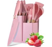 Juego de utensilios de cocina, 19 piezas, utensilios de cocina de silicona con soporte y cuchillo de cocina para cocinar, herramientas de cocina antiadherentes resistentes al calor y gadgets con mango