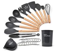 Juego de utensilios de cocina de 25 piezas | Utensilios cocina de silicona gris resistentes al calor | Utensilios de cocina con mango de madera premium