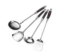 Juego de utensilios de cocina de acero inoxidable con asas de madera y características resistentes al calor, incluyendo skimmer, espátula y cucharón de sopa para uso culinario (sartén de madera negra)
