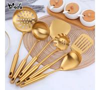 Juego de utensilios de cocina de acero inoxidable, herramientas de cocina de mango largo, escurridor ranurado de pulido mate, accesorios de cocina dorados, 1/7 Uds. 1pcs Colander