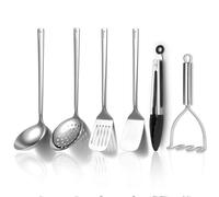 Juego de utensilios de cocina de acero inoxidable Kyraton de 6 piezas, incluye juegos de espátulas de metal, espumadera, cucharón, pinzas, machacador de patatas, utensilios de cocina