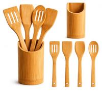 Juego de Utensilios de cocina de bambú.Set - 5 piezas con Soporte.Cucharas y Espátulas de Madera Natural para Cocinar.Kit Antirayaduras para Sartenes Antiadherentes - Accesorios de Cocina Resistentes
