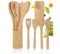 Juego de Utensilios de Cocina de Bambú, Set de 5 Piezas con Soporte, Cucharas y Espátulas de Madera Natural, Ecológicos
