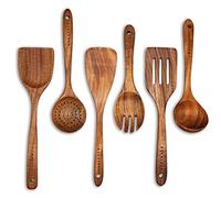 Juego de Utensilios de Cocina de Madera - 6 Piezas para Sartén Antiadherente, Cucharas y Espátula de Teca en Gris