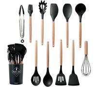Juego de utensilios de cocina de silicona, 12 Uds., utensilios de cocina antiadherentes for cocina, espátula con mango de madera, batidores de huevos, accesorios de cocina Utensilios De Cocina(Black 1