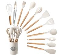 Juego de utensilios de cocina de silicona, 12 utensilios de cocina grandes resistentes al calor, pinzas giratorias, espátula, cuchara, mango de madera, utensilios de cocina con soporte para utensilios