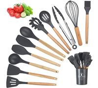 Juego de Utensilios de Cocina de Silicona, 12PCS, Accesorios sin BPA, Herramientas Antiadherentes Resistentes al Calor con Mango de Madera, Menaje de Cocina con Cuchara/Espátulas/Pinza