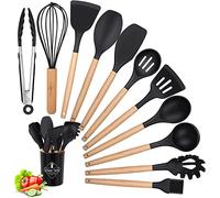Juego de Utensilios de Cocina de Silicona, 12PCS, sin BPA, Herramientas Antiadherentes y Resistentes al Calor con Mango de Madera, Cuchara/Espátulas/Pinza