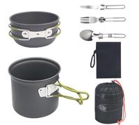 Juego de utensilios de cocina para camping para 1-2 personas, vajilla de aluminio portátil, cacerola con cubiertos plegables, cubiertos para exteriores