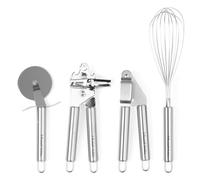 Juego de utensilios de cocina Russell Hobbs RH00124EU, 4 piezas, cortador de pizza en forma de rueda, batidor, abrelatas y prensa de ajo, fácil de limpiar, acabado de espejo, acero inoxidable