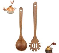 Juego de utensilios de madera con tenedor y cucharón de sopa, cuchara de pasta de mango largo con dientes colgantes, cuchara de espagueti, utensilios de cocina para cocinar, servir, drenar, remover