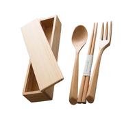 Juego de utensilios de madera natural con tenedor, cuchara y palillos, compacto, esencial para viajes, oficina, escuela, comedor aire libre, viajes, tenedor de madera, cuchara y palillos