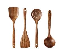 Juego de utensilios de madera para cocinar, madera de acacia de 12.99 pulgadas, juego de cucharas de cocina de 4 piezas, herramientas de cocina naturales, cucharón grande de sopa, espátula, colador