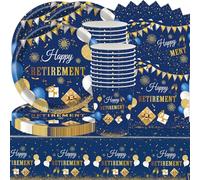 Juego de vajilla azul de retiro de 61 piezas, azul y dorado, decoraciones para fiestas de despedida, Happy Farewell 9 ″ plato de papel de seda tazas mantel (20 invitados)