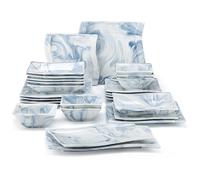 Juego de vajilla azul mármol lujoso de 26 piezas - Platos y tazones de porcelana resistentes a las salidas - Servicio completo de vajilla cuadrada para 6 - Ideal para el hogar, restaurantes y hoteles