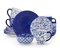 Juego de vajilla de 16 piezas, vajilla de porcelana azul y blanca con de , de postre, taza y para , servicio para 4